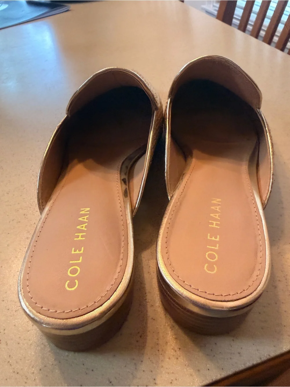Cole Haan Tan Woven Pointed Mules with Gold Trim
